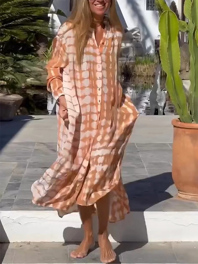 Women's Long Dress Maxi Dress Shirt Dress Casual Dress Print Dress Tie Dye Fashion Modern Outdoor Daily Vacation Pocket Split Long Sleeve V Neck Dress Regular Fit Orange Summer Spring S M L XL XXL
#9551551
