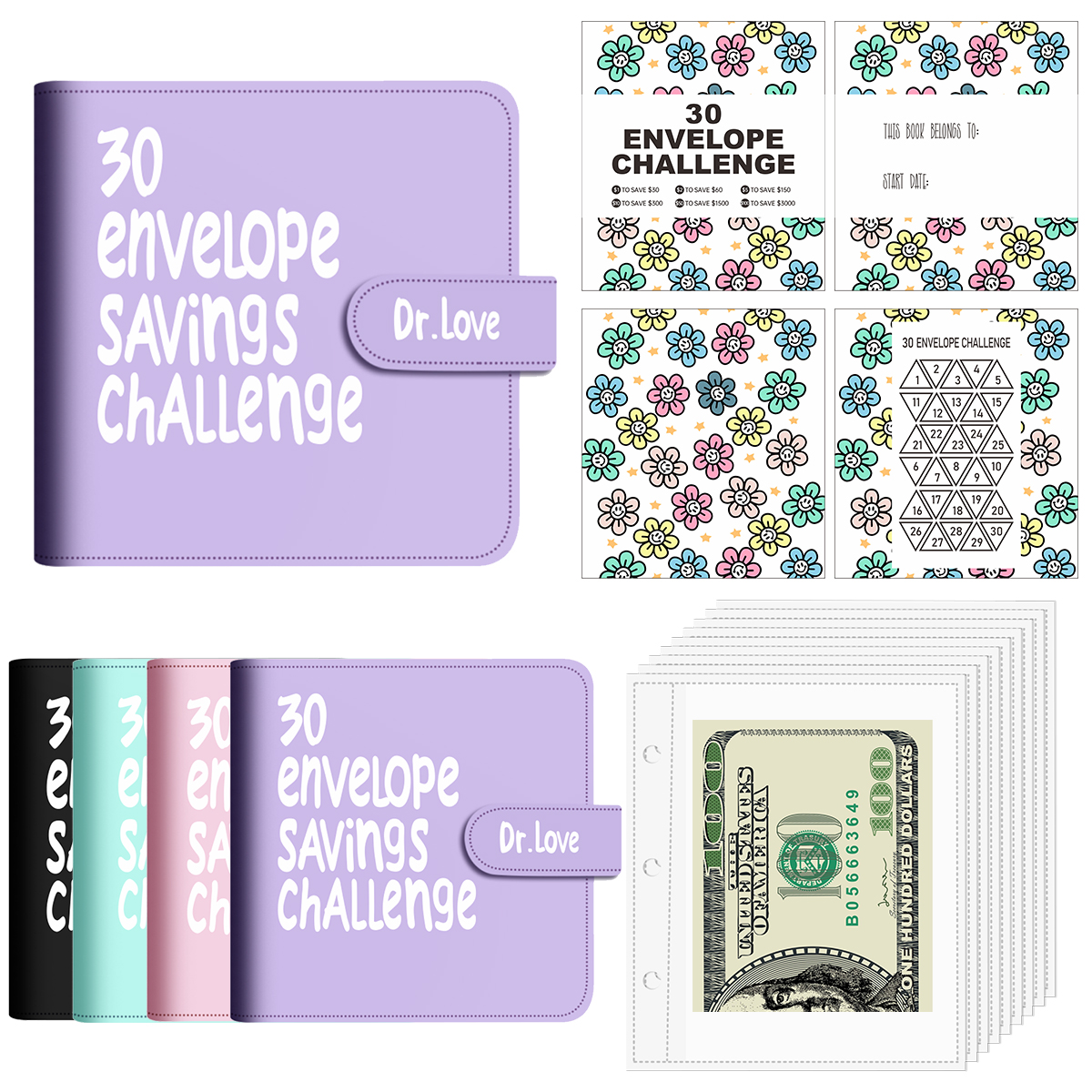 Dr.love-30 Envelopes Money Saving Challenge Binder,Children's gift，A7 