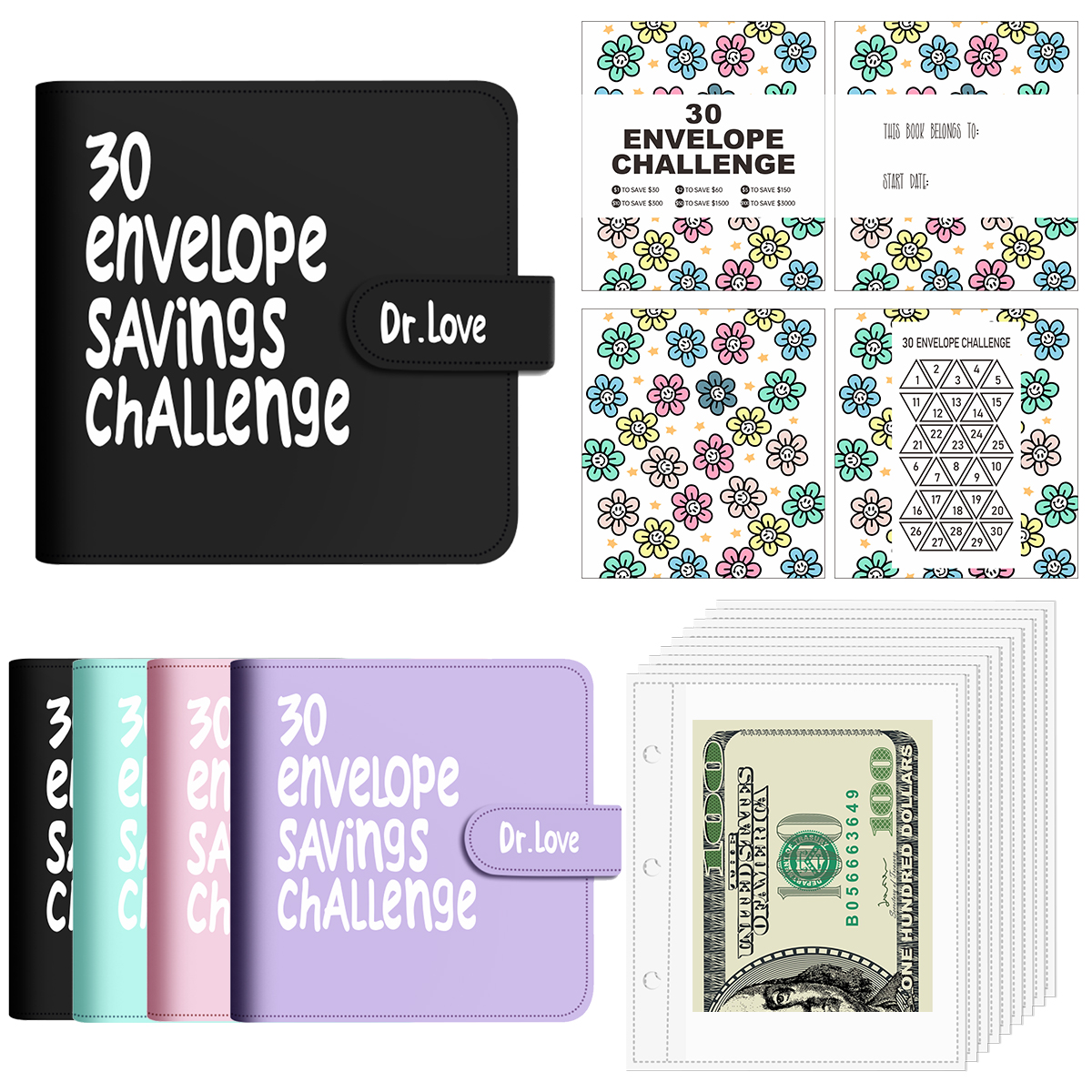 Dr.love-30 Envelopes Money Saving Challenge Binder,Children's gift，A7 
