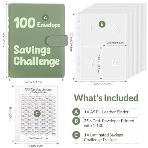 SKYDUE 100 Envelopes A5 Money Saving Budget Binder with Cash Envelopes and Savings Challenges Book