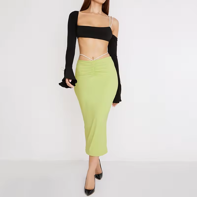 Source Factory Oem Women Clothing Lime Crystal Strap Midi Skirt
