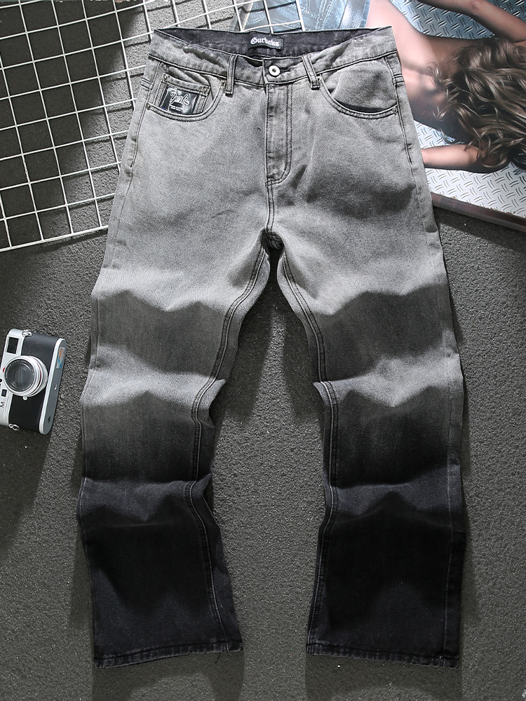 American Gradient Gray Jeans Men's Spring and Summer New Trendy Loose Large Size Distressed Washed Wide-Leg Trousers