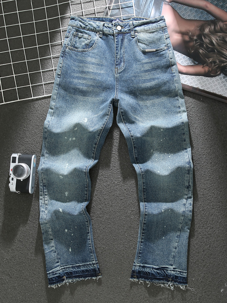 American distressed paint jeans for men 2023 spring and summer new high street trendy loose wide-leg pants raw edge trousers