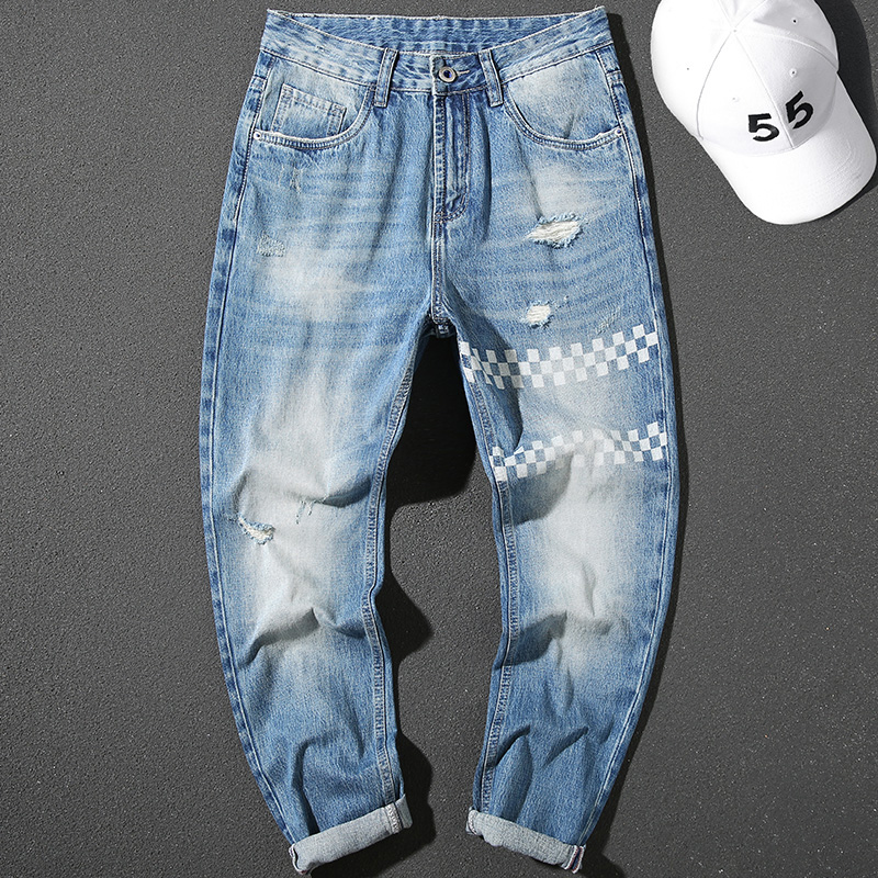 Handsome jeans for men, loose and trendy ripped plaid print washed blue ripped trend trousers pure cotton versatile