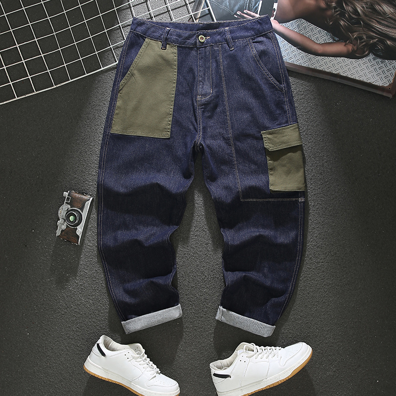 Korean style jeans for men spring new style large pocket loose straight pants blue personalized versatile casual trousers
