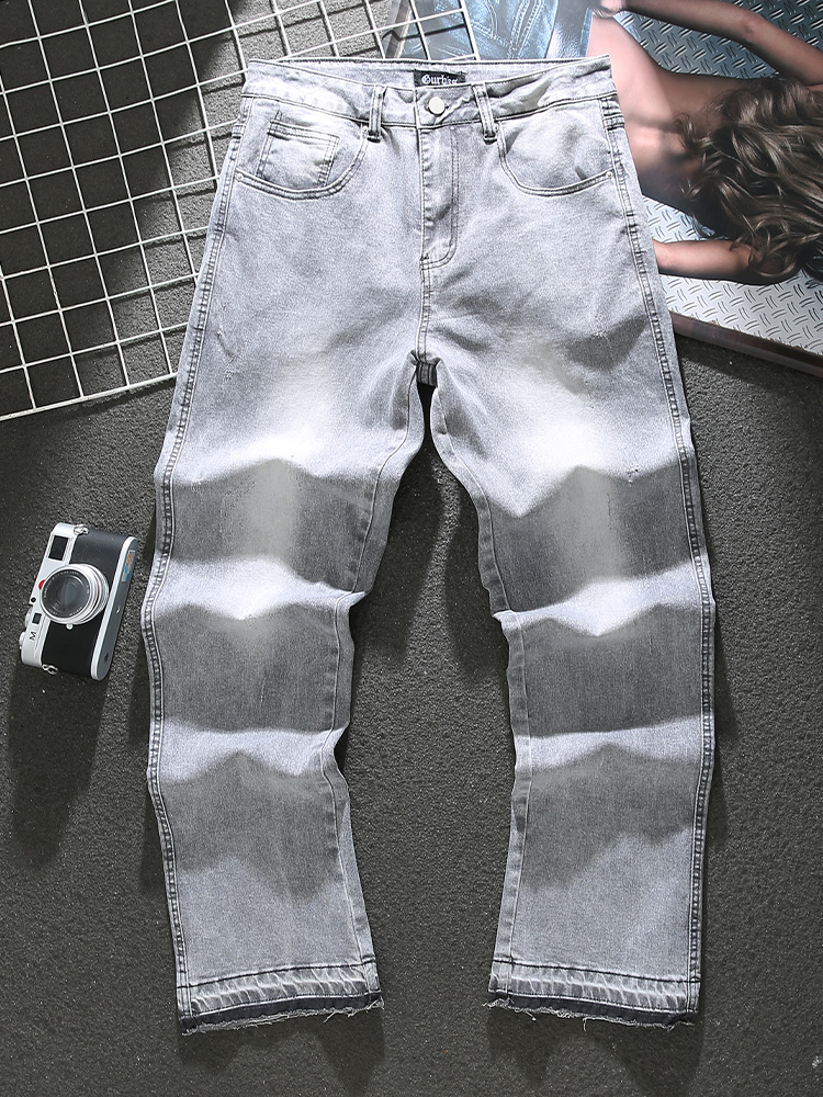 American distressed gray jeans for men in spring and summer new trendy loose straight leg washed trousers with raw edge splicing