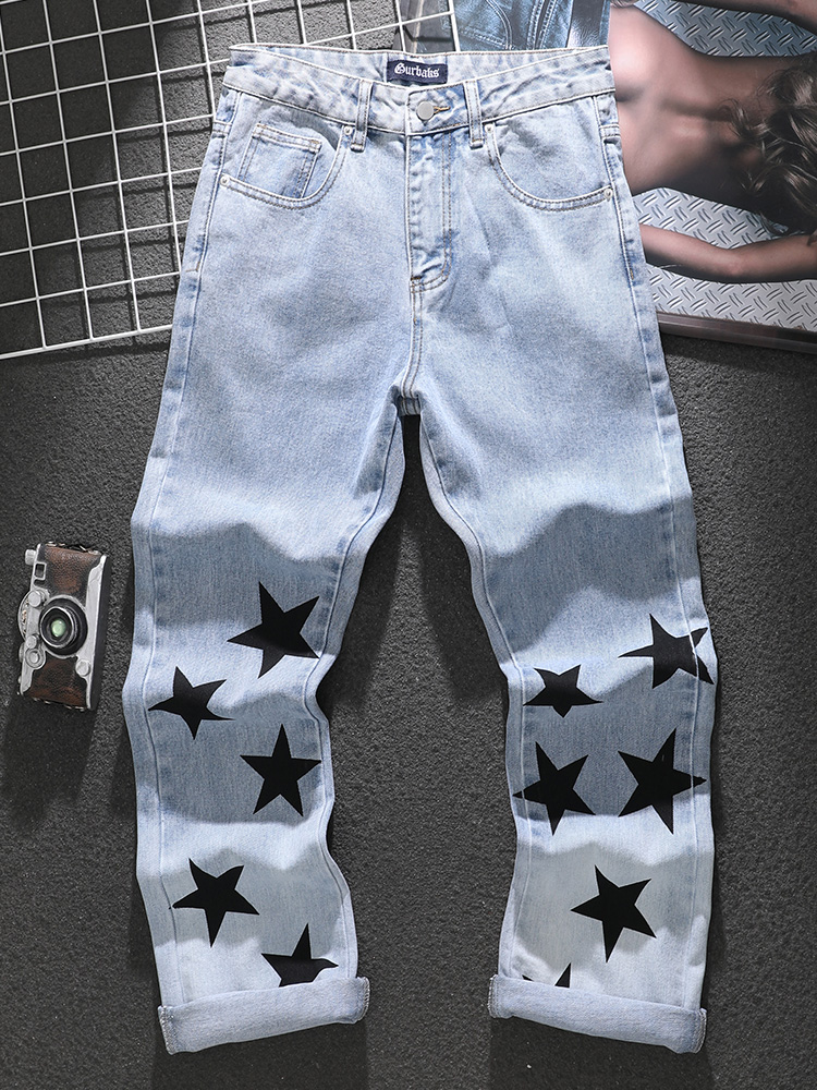 American distressed jeans for men 2023 spring and summer trendy star printed loose straight trousers blue versatile