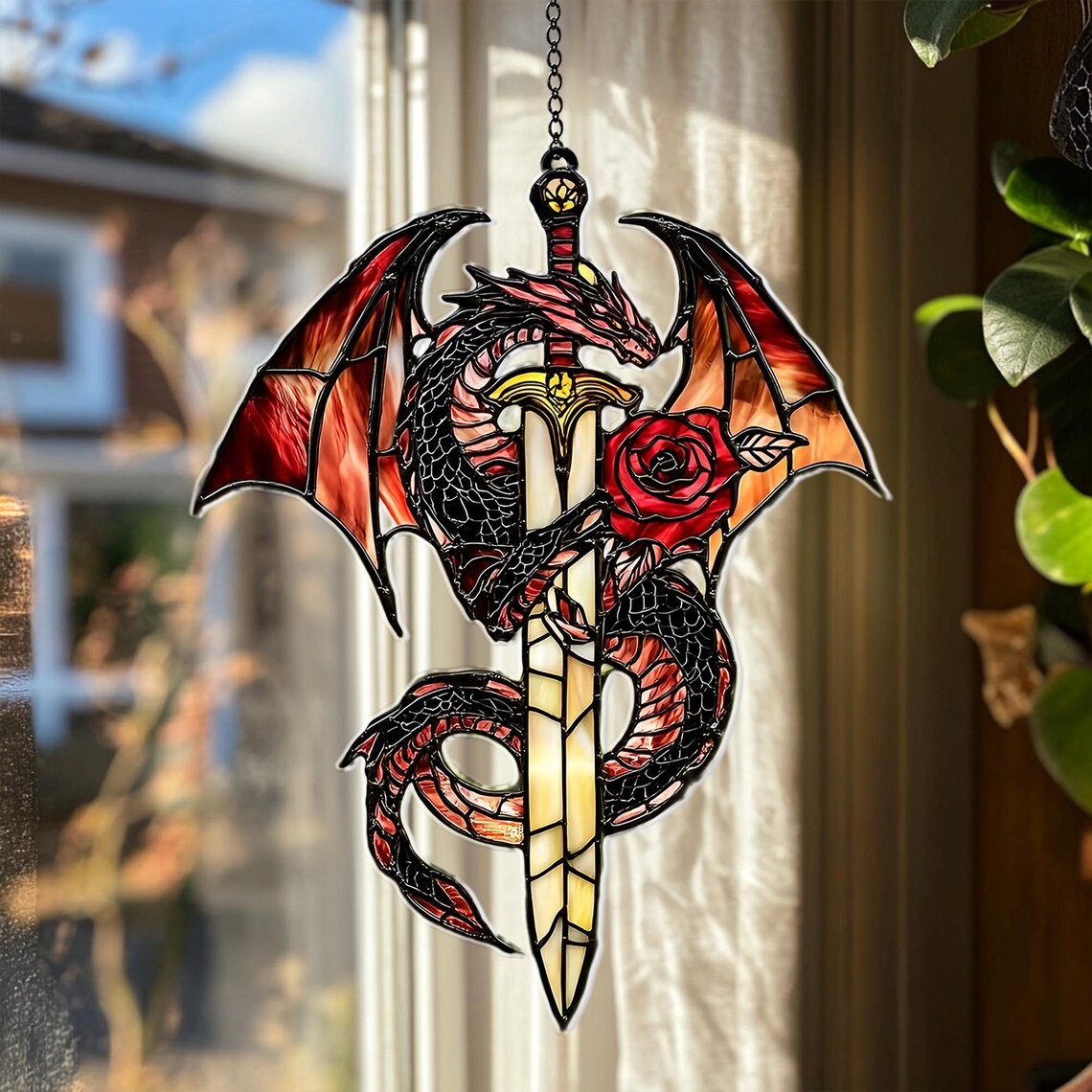 🐉 Dragon, Sword & Rose Acrylic Sun Catcher