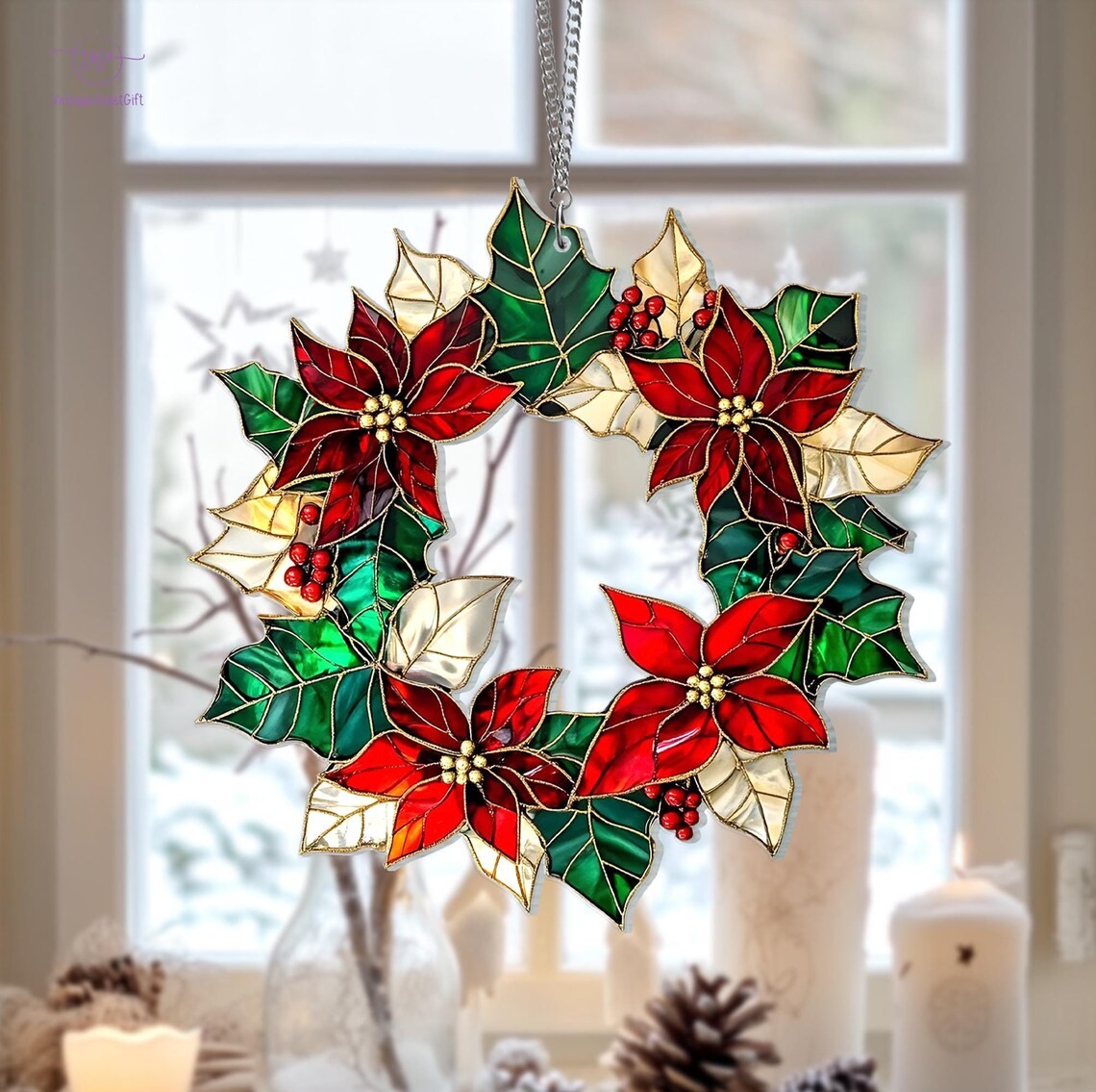 🌟Poinsettia Wreath Stained Glass Window Hanging