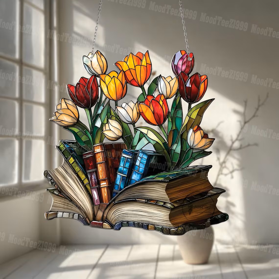 📚🌷 Stained Glass Tulip and Book Hanging Decoration