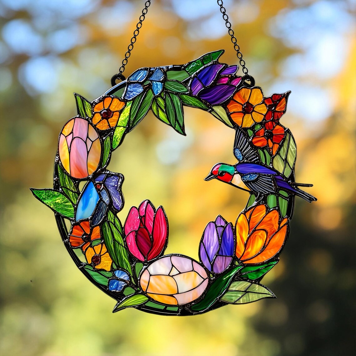 🌸✨ Stained Glass Flower Wreath with Vibrant Bird Design