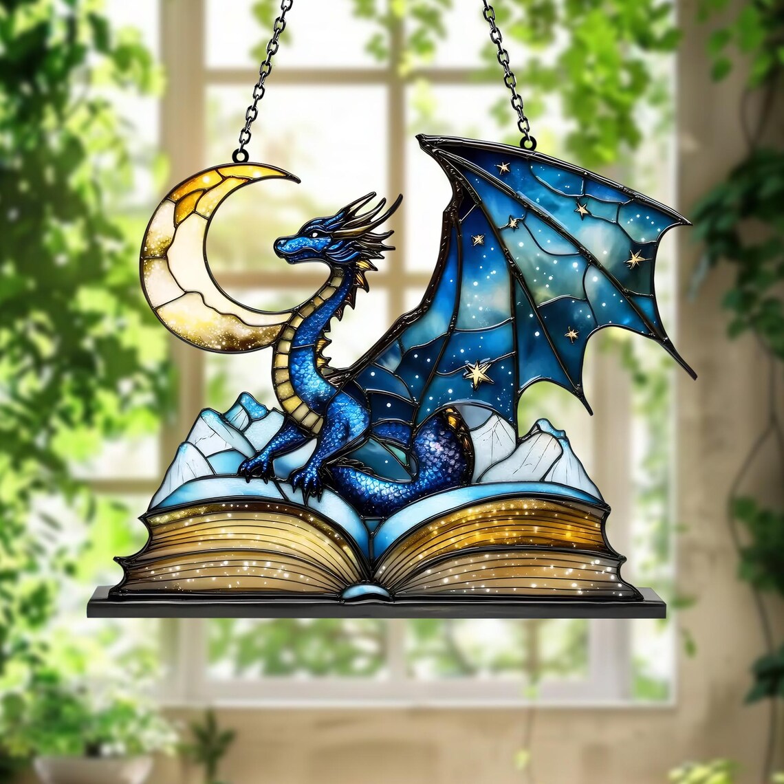 🐉 Stunning Stained Glass Dragon and Moon Decoration