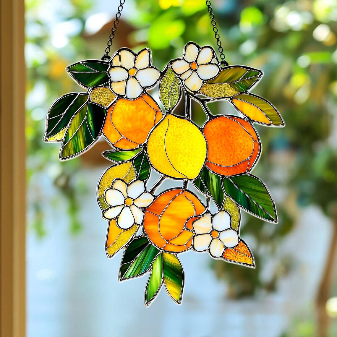 🍊 Stained Glass Lemon & Flower Window Hanging