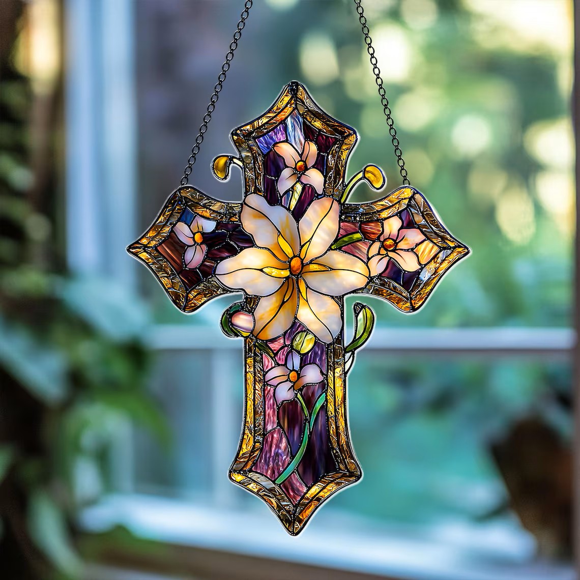 ✝️ Stained Glass Cross with Lily Flowers Window Hanging