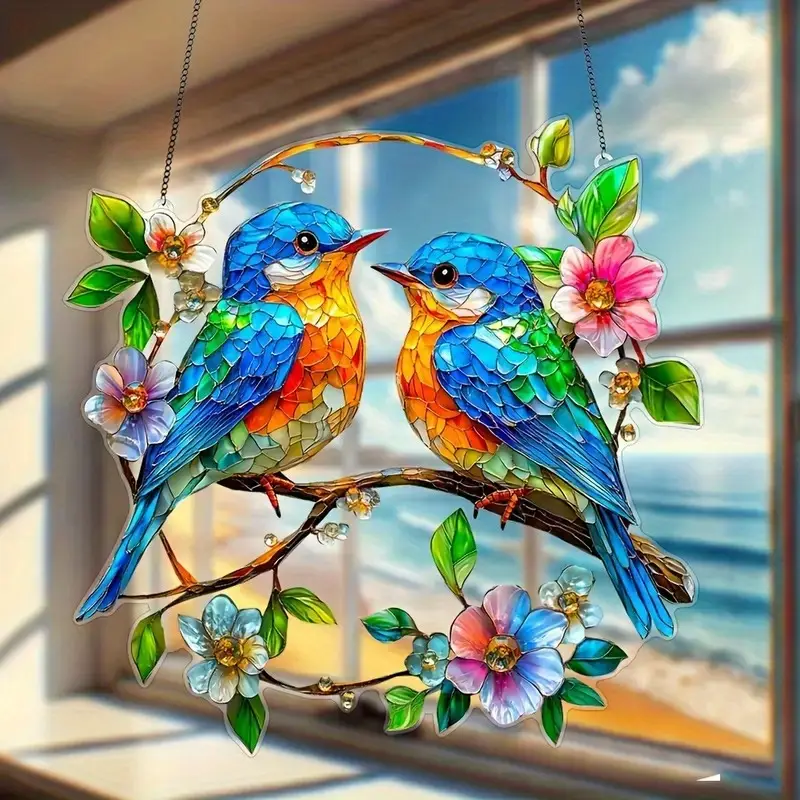 Two Cute Blue Birds Garden Suncatcher (8″×8″)