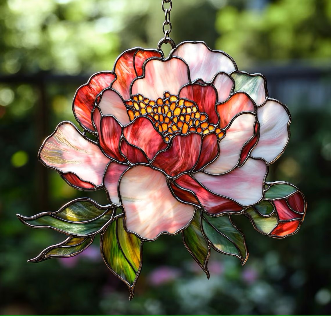 🌸 Stunning Stained Glass Peony Hanging Decoration