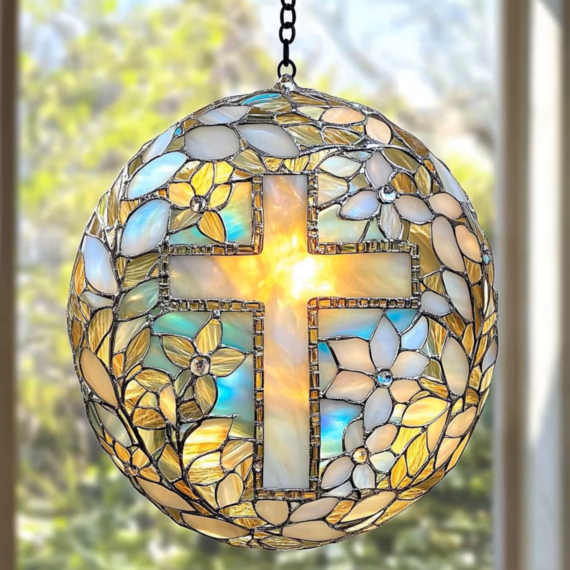 ✝️ Beautiful Stained Glass Cross with Floral Design