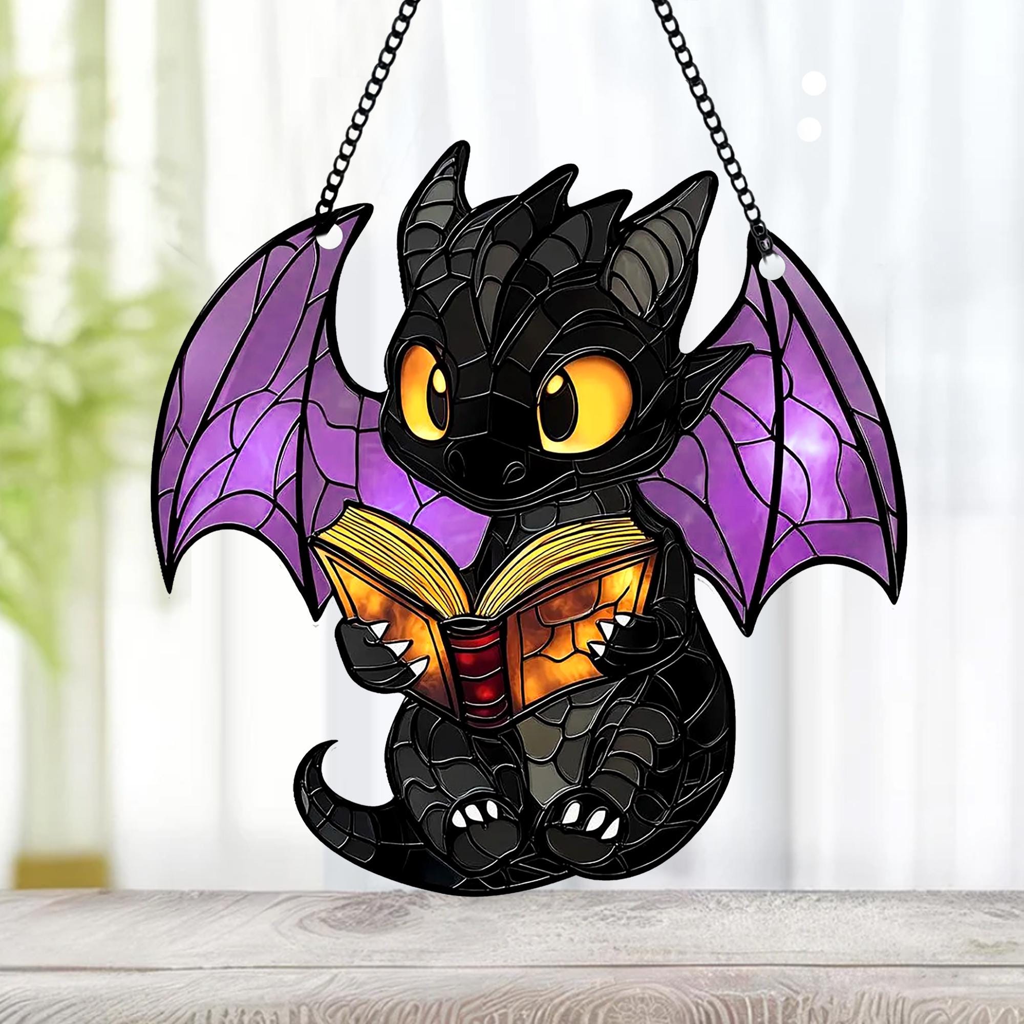 Enchanted Baby Dragon with Book Suncatcher (8 inches)