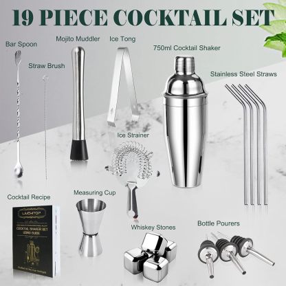 LIVEHITOP Cocktail Set, 19 Pcs Cocktail Making Set, Stainless Steel Bartender Kit with 750ML Boston Cocktail Shaker for Party, Bar, Home