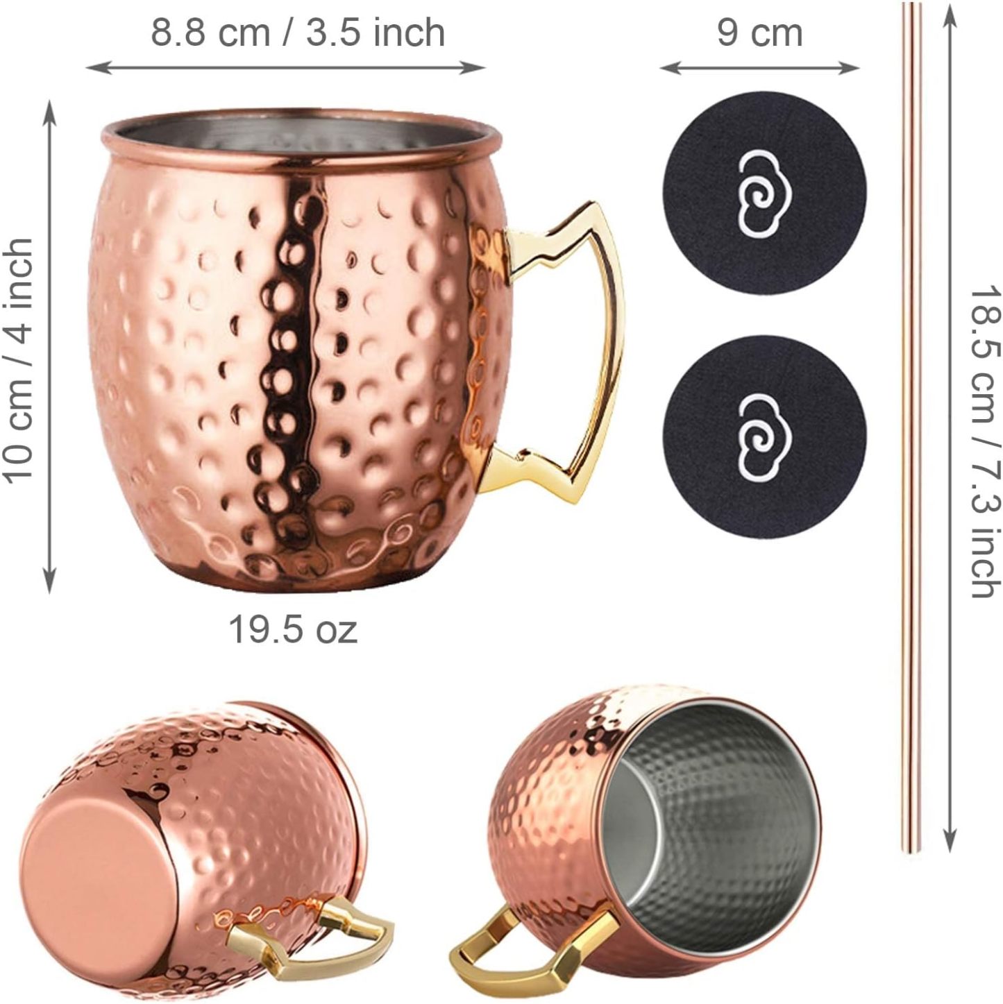 LIVEHITOP Moscow Mule Copper Mugs Set of 2 PC,19.5 Oz Copper Cup with Coasters for Cocktail, Wine, Beer, Cold Drink, Home, Bar, Party, Gifts (Pack of 2)