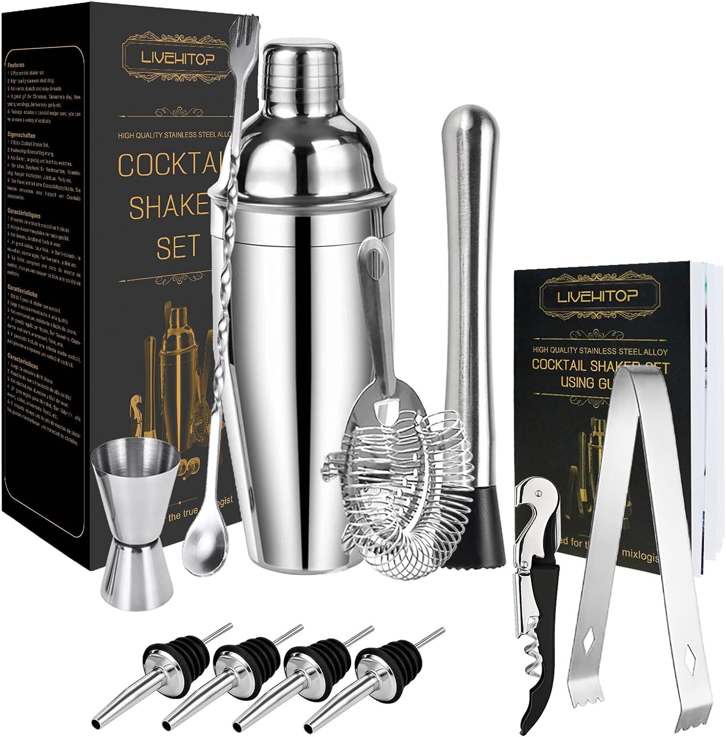 LIVEHITOP Cocktail Shaker Set, 12 Pieces Cocktail Making Set with 750 ML Cocktail Shaker Professional Bartender Kit for Bar, Party, Home