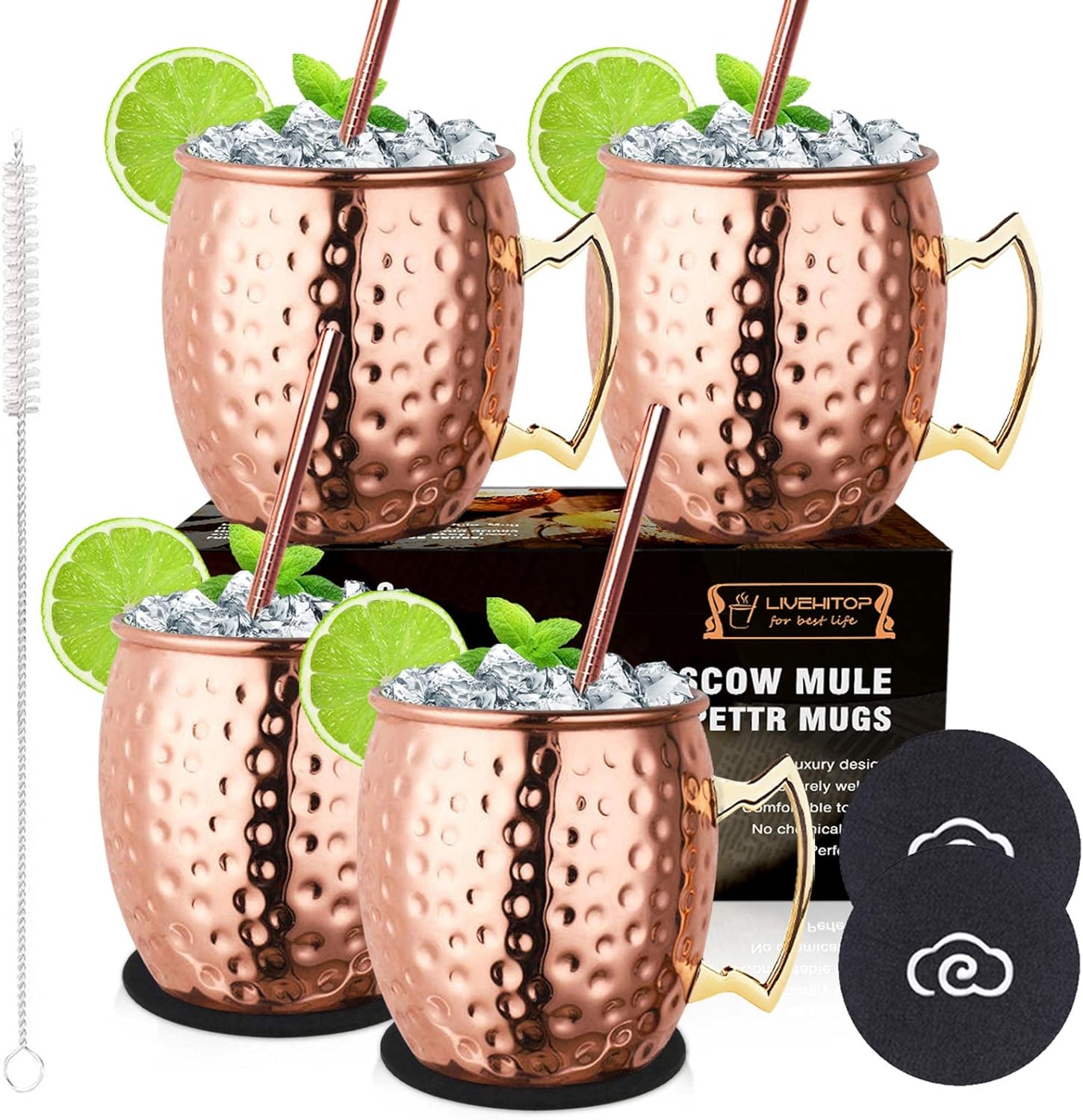 LIVEHITOP 4 Pieces Moscow Mule Copper Mugs Set, 19.5 Oz Handcrafted Copper Cup for Cold Drin, Home, Bar, Party, Gifts