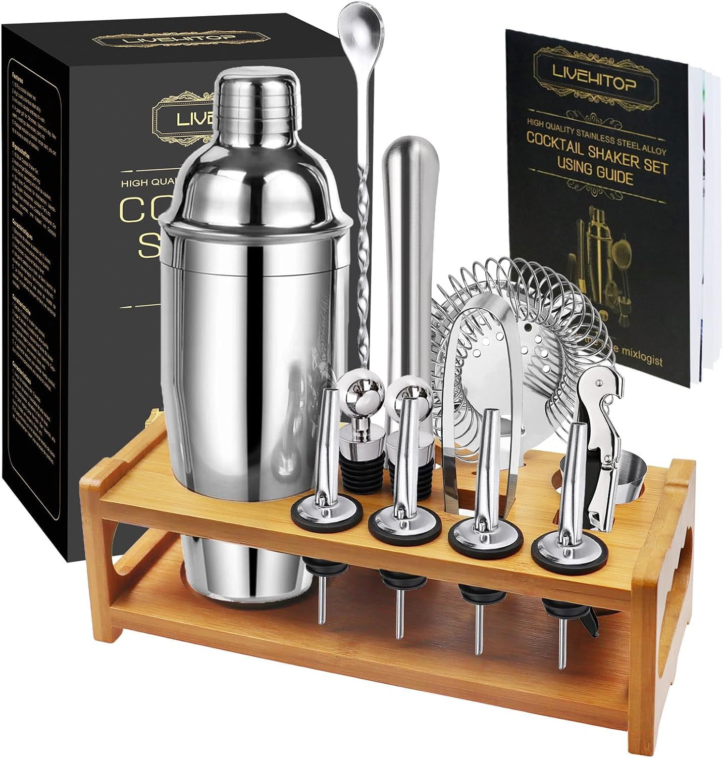 LIVEHITOP Cocktail Shaker Kit with Stand, Cocktail Set with 750ml Stainless Steel Shaker, Recipe Book, Cocktail Gift Set for Drink, Home, Bar, Party