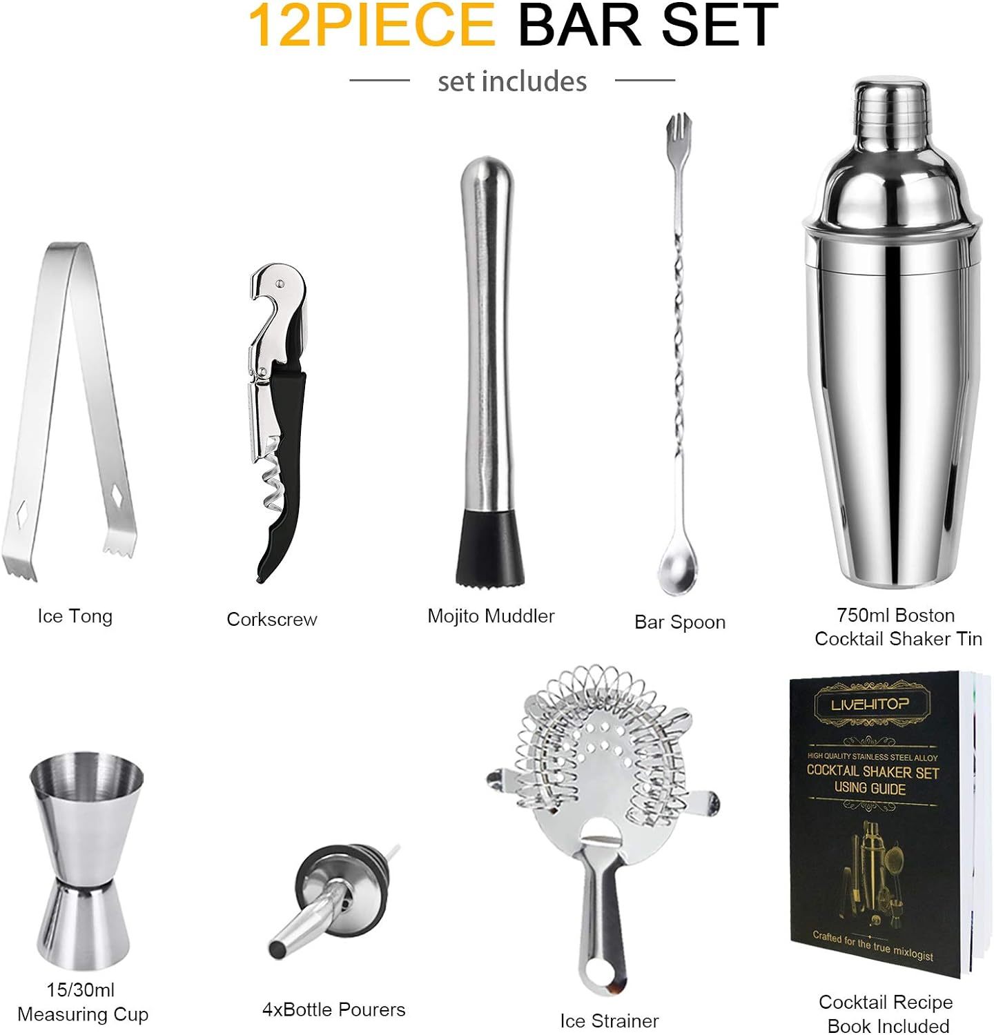 LIVEHITOP Cocktail Shaker Set, 12 Pieces Cocktail Making Set with 750 ML Cocktail Shaker Professional Bartender Kit for Bar, Party, Home