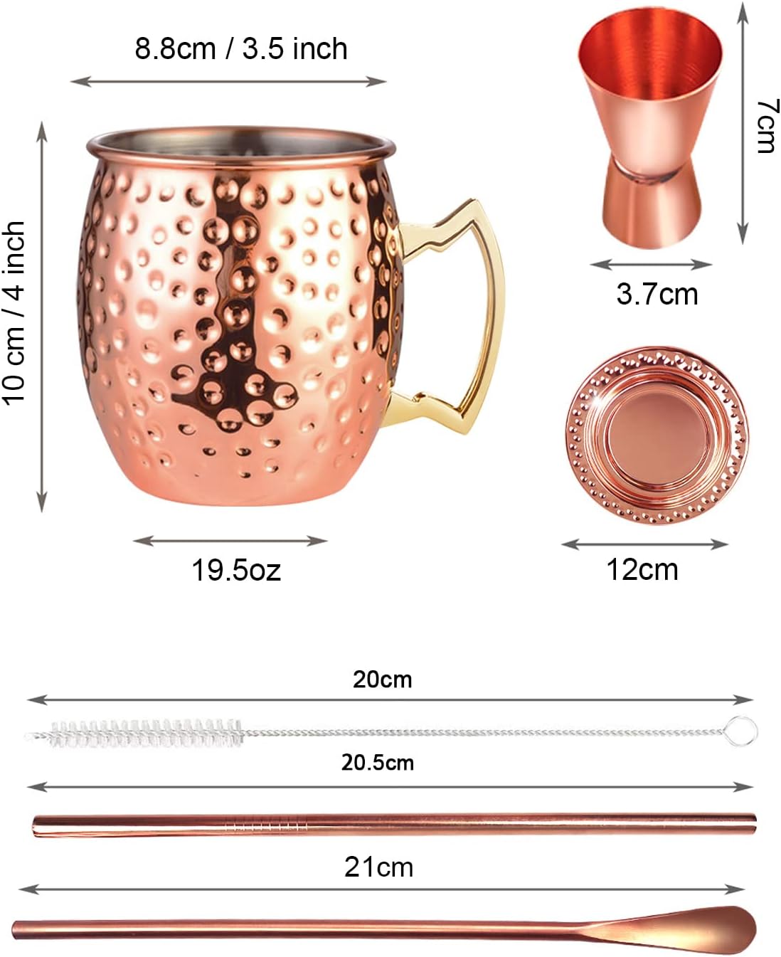 LIVEHITOP Moscow Mule Mug Set of 4 PC, 19.5oz Hammered Copper Cup with Copper Coasters and 4 Copper Straws for Cocktail, Beer, Cold Drink, Home, Bar, Party, Gifts