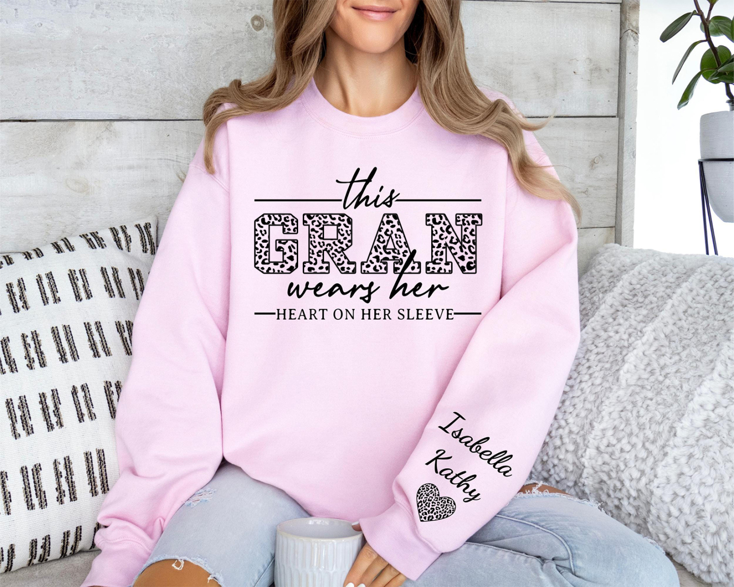 This Gran Wears Her Heart On Her Sleeve-Custom Sweatshirt With Kids Name