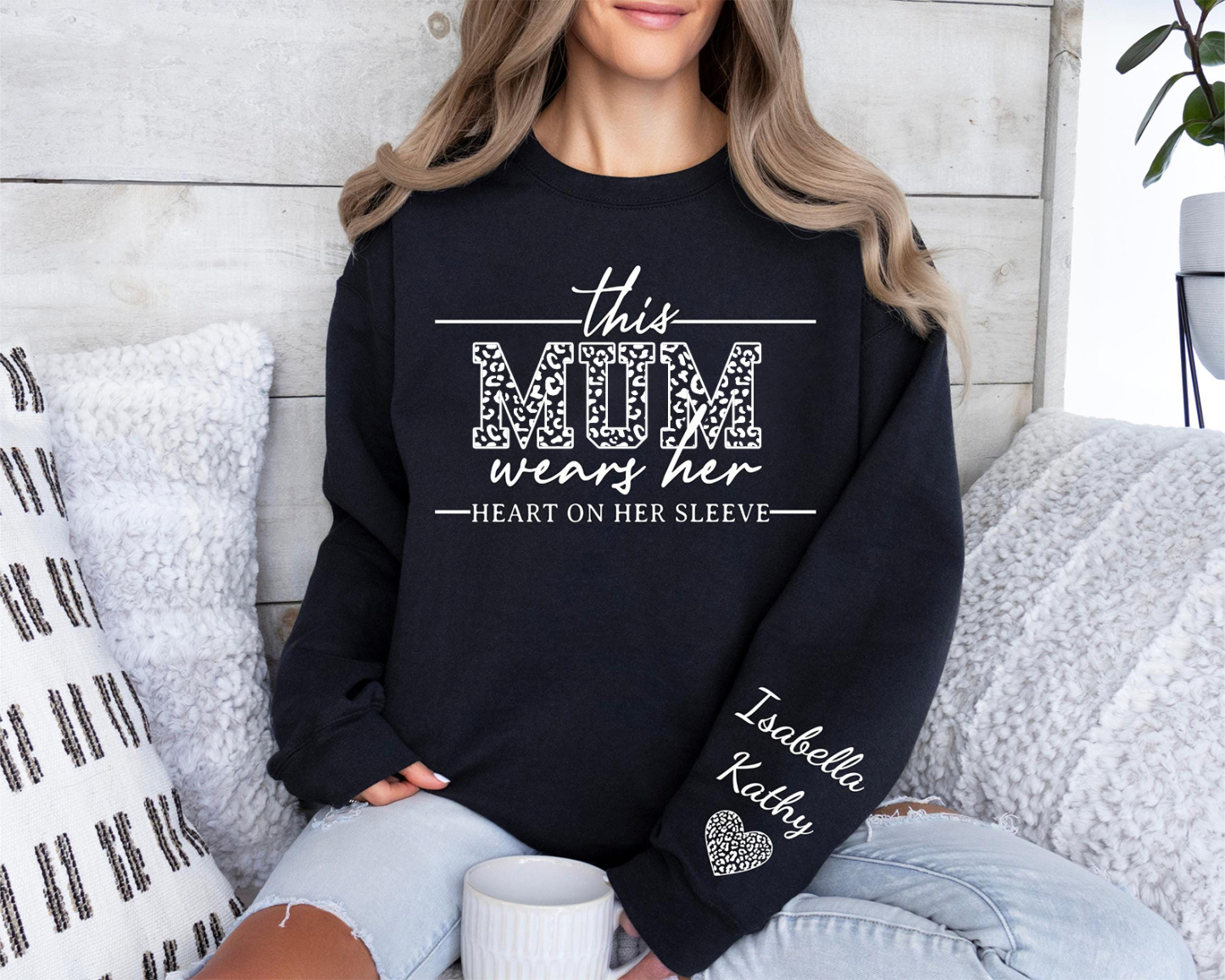 This Mum Wears Her Heart On Her Sleeve-Custom Sweatshirt With Kids Name
