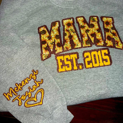 Custom Leopard Glitter Mama Sweatshirt, Kids Name on Sleeve, Mothers Day Mom Gift