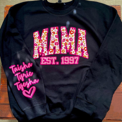 Custom Leopard Glitter Mama Sweatshirt, Kids Name on Sleeve, Mothers Day Mom Gift