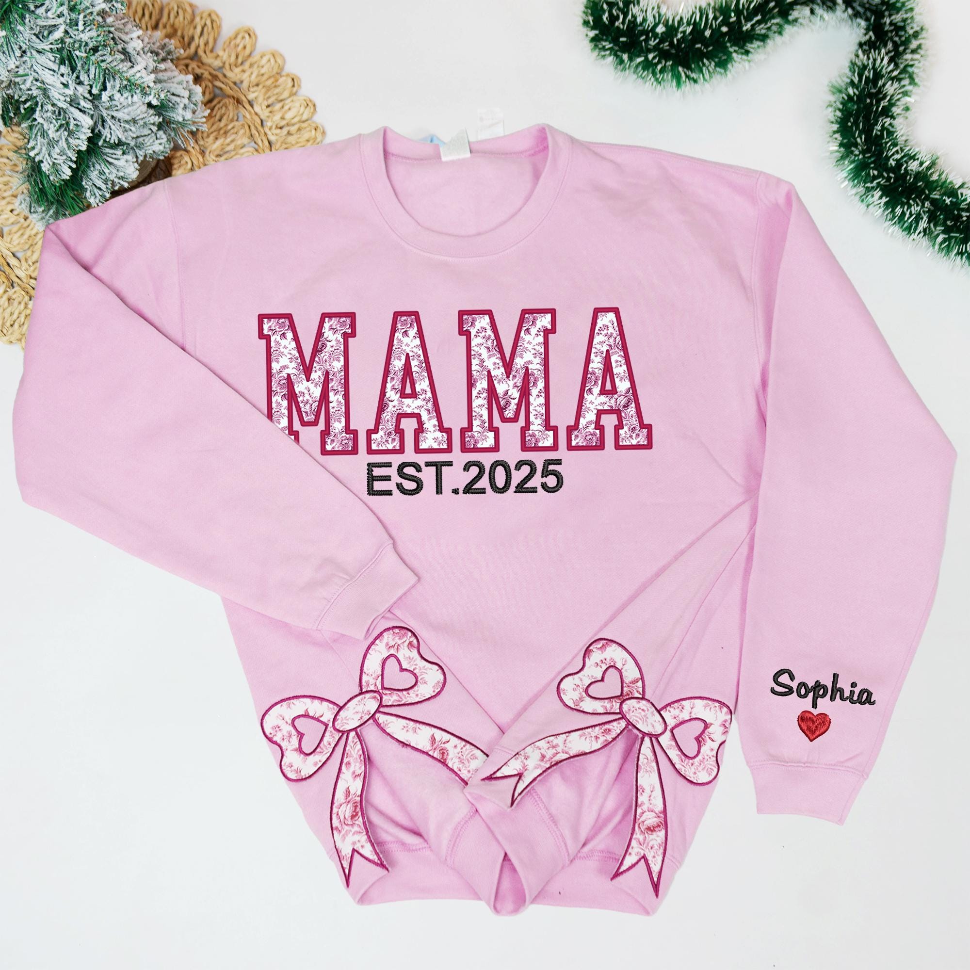 Custom Cute and Trendy Mama Side Bow Embroidered Gemma Crewneck Sweatshirt Mother's Day Gift