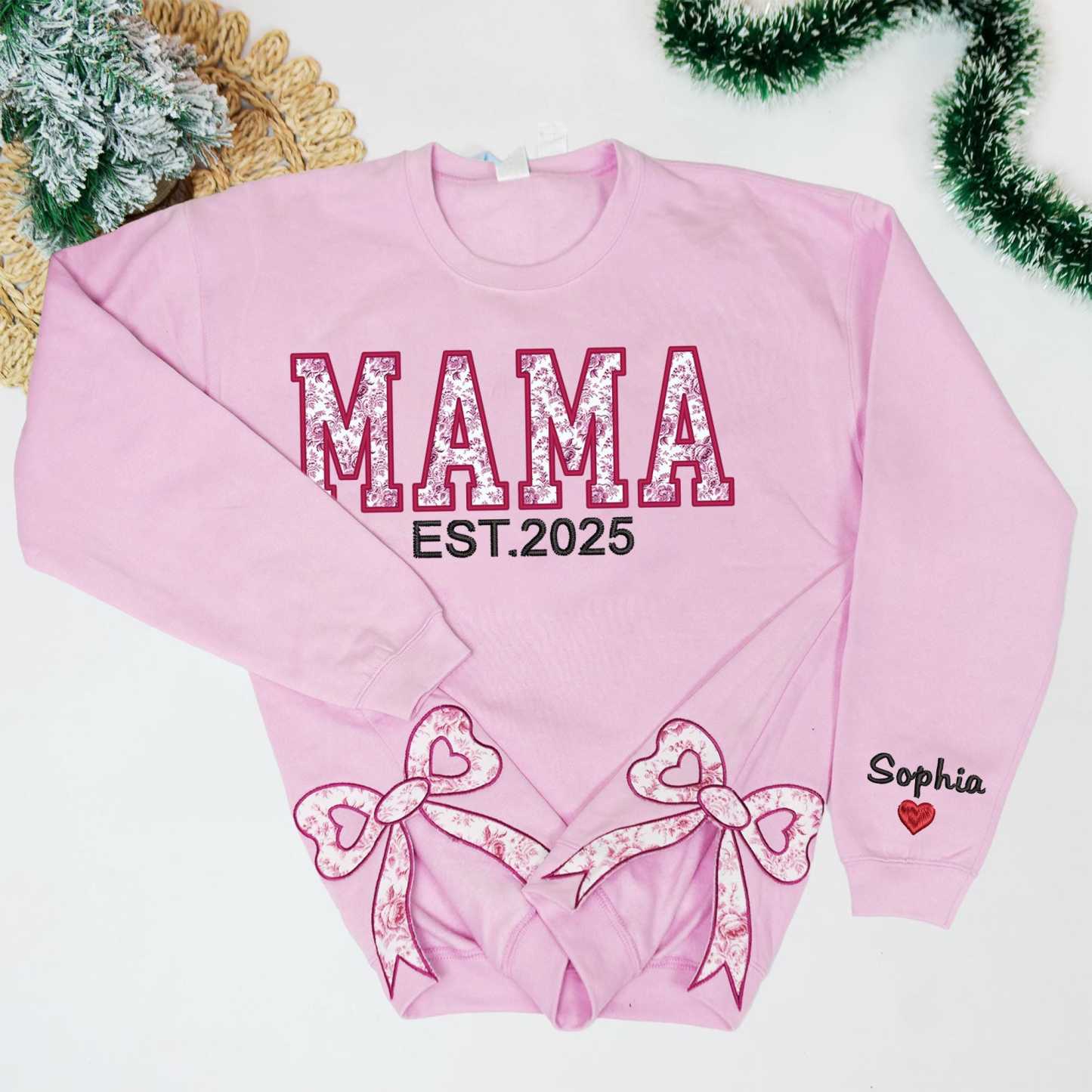 Custom Cute and Trendy Mama Side Bow Embroidered Gemma Crewneck Sweatshirt Mother's Day Gift