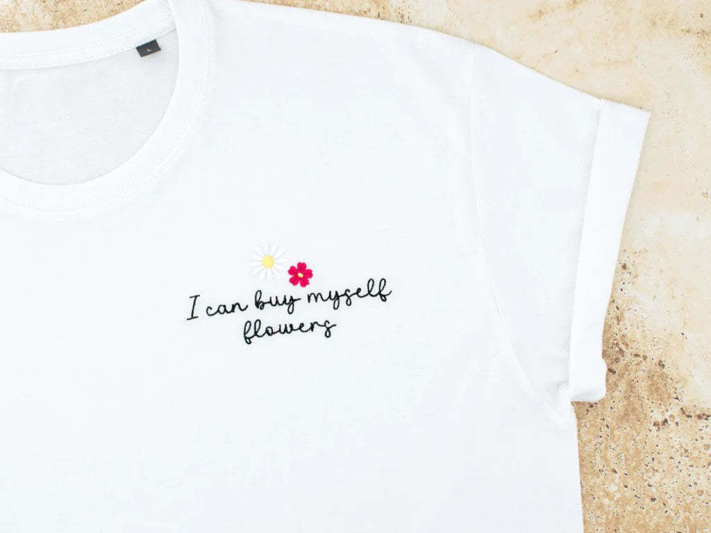 Unisex T-shirt Embroidered with Floral Pattern - Buy Myself Flowers