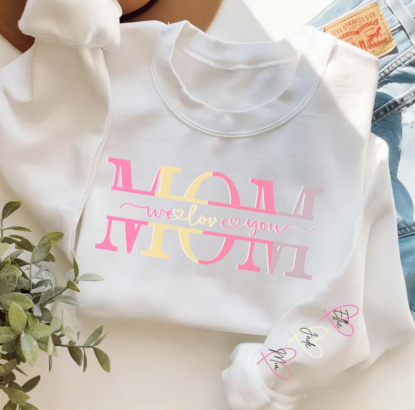Personalized Wear Heart On Sleeve Mama we love you Sweatshirt with Kid Names on Sleeves-Mother's Day Sale