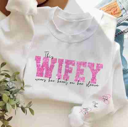 Personalized Wifey Wear Heart On Sleeve Mama Hot Stamping Sweatshirt with Kid Names on Sleeves-Mother's Gift