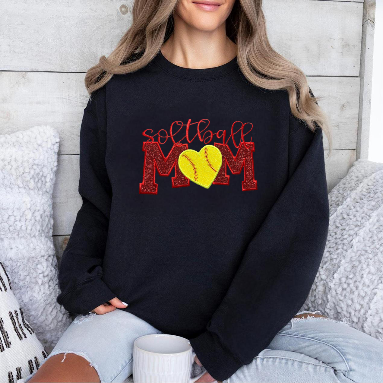 Custom Embroidered Glitter Softball Mom Sweatshirt