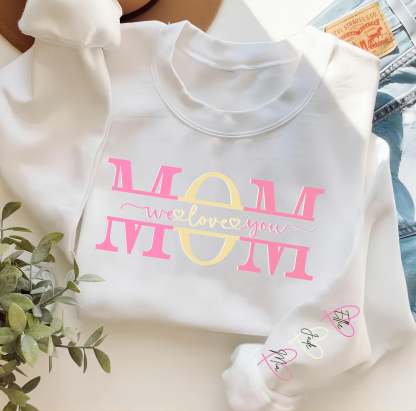 Personalized Wear Heart On Sleeve Mama we love you Sweatshirt with Kid Names on Sleeves-Mother's Day Sale