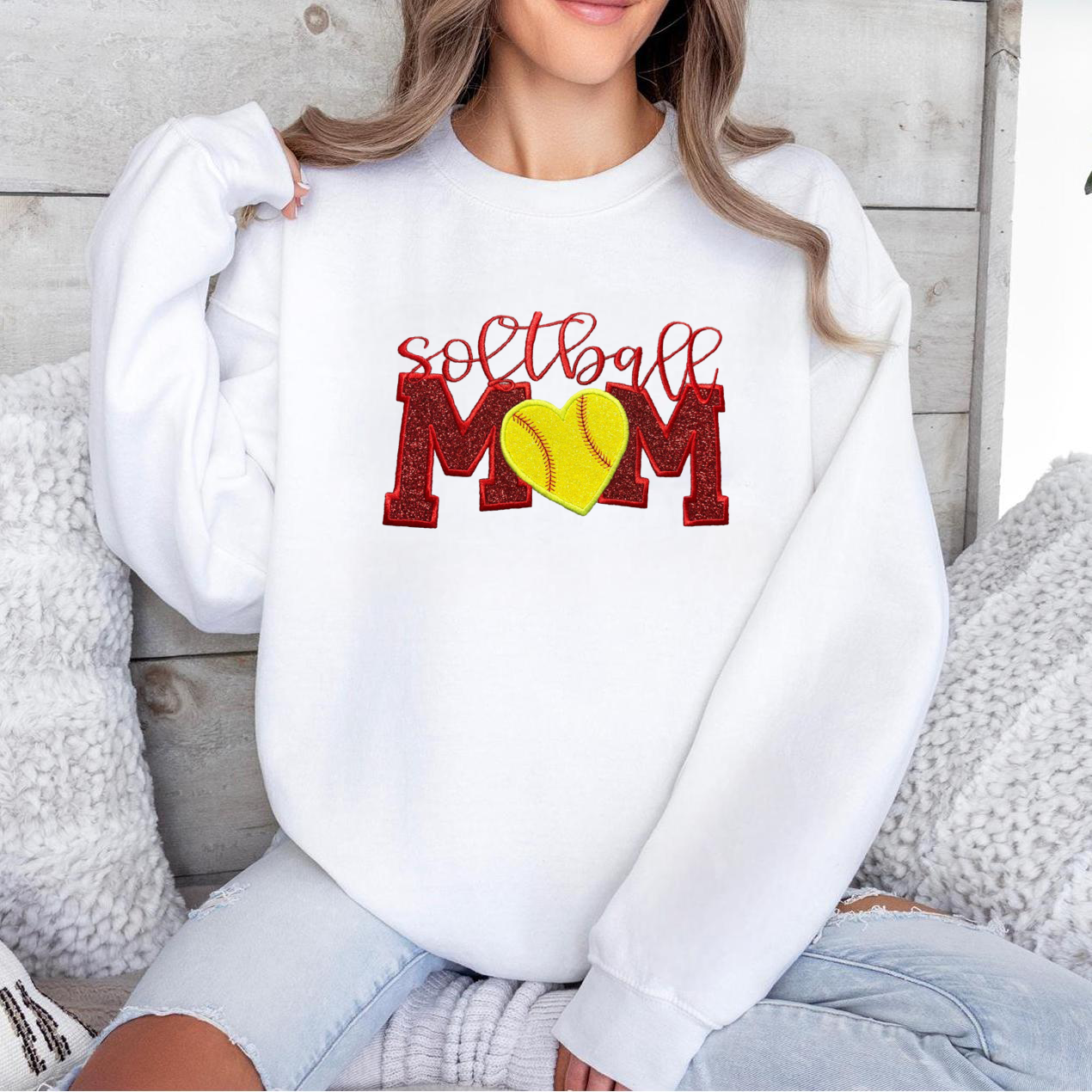 Custom Embroidered Glitter Softball Mom Sweatshirt