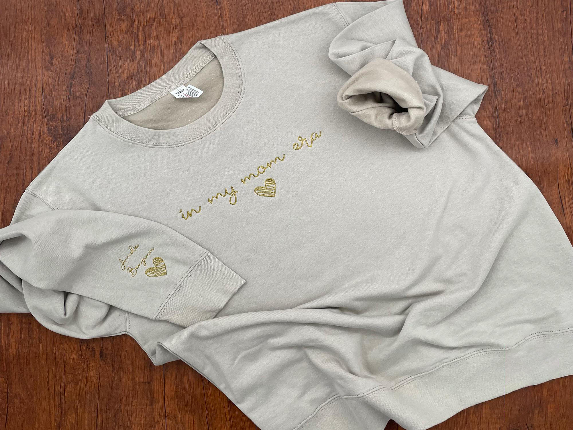Embroidered In My Mom Era Custom Sweatshirt with Kids names on sleeve Personalized