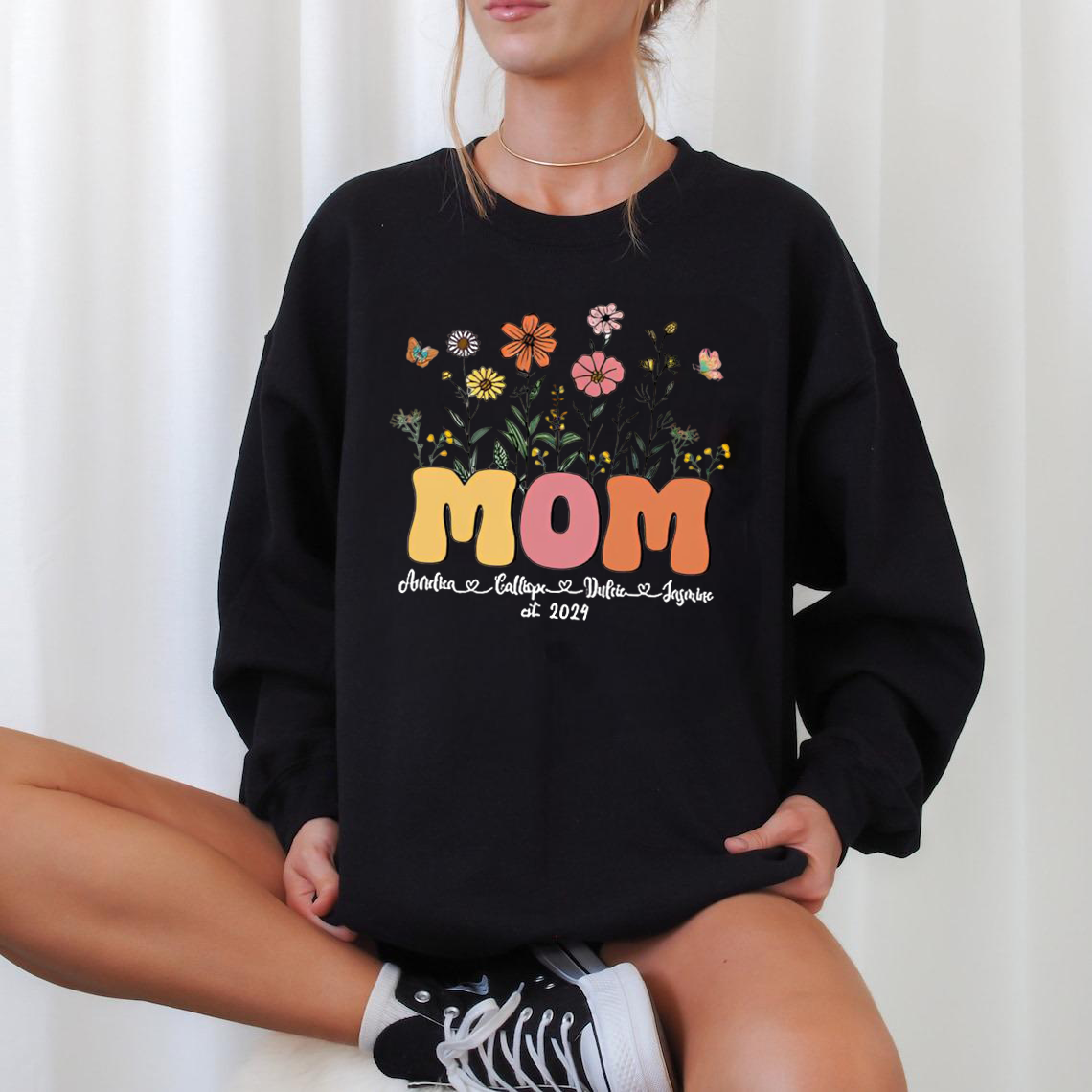 Custom Date Mom Flower Heat Transfer Sweatshirt With Name