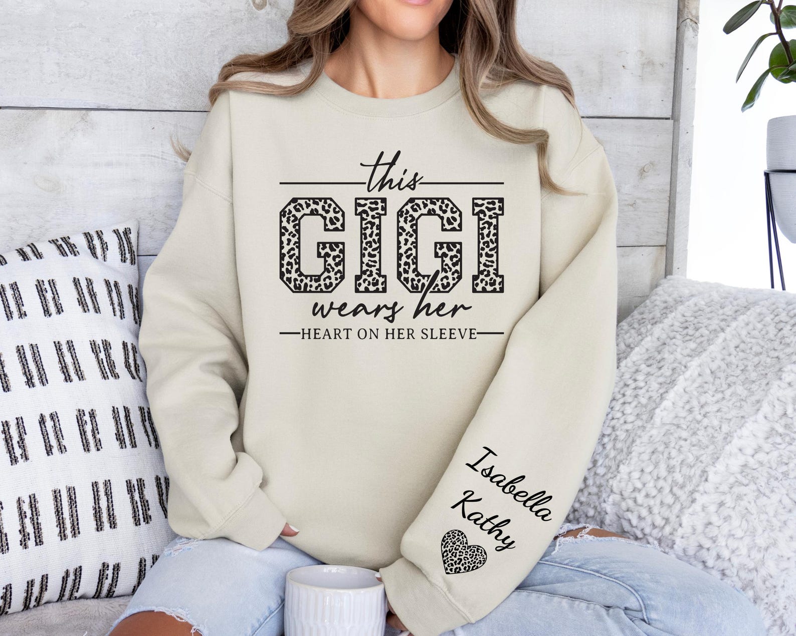 This Gigi Wears Her Heart On Her Sleeve-Custom Sweatshirt With Kids Name