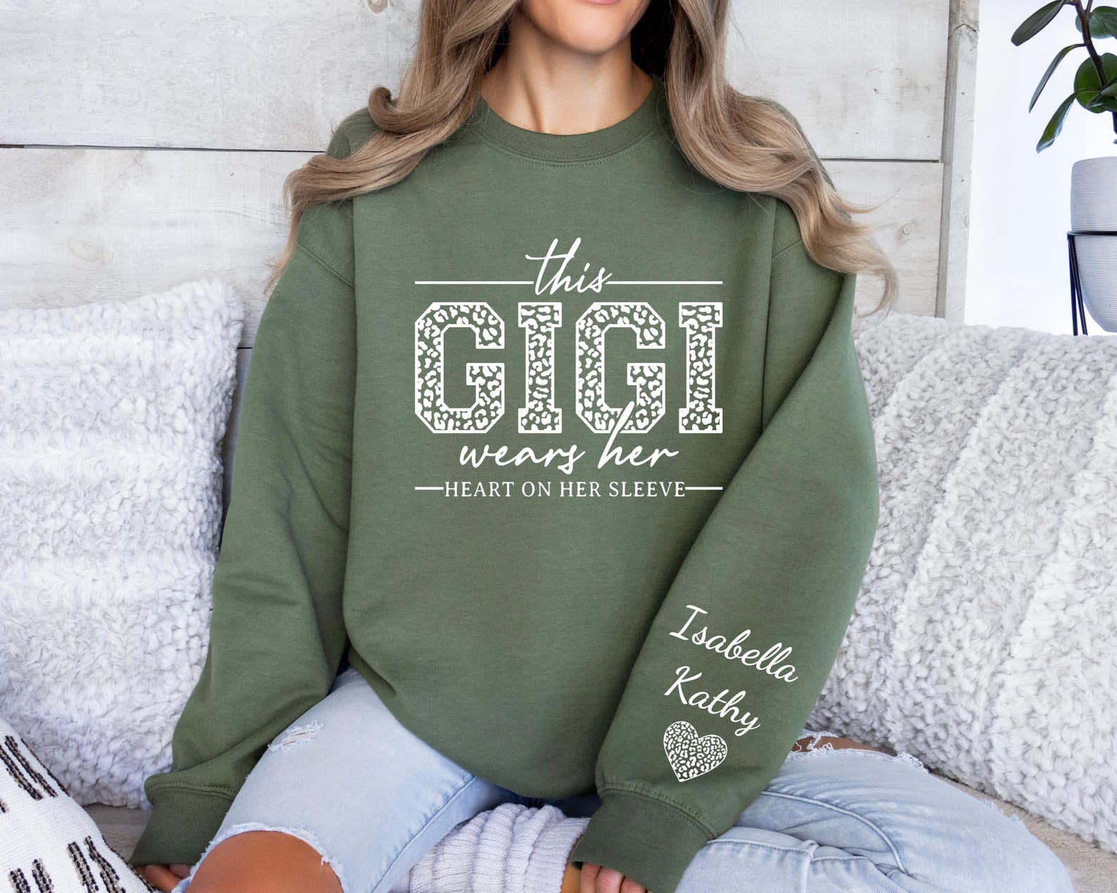 This Gigi Wears Her Heart On Her Sleeve-Custom Sweatshirt With Kids Name