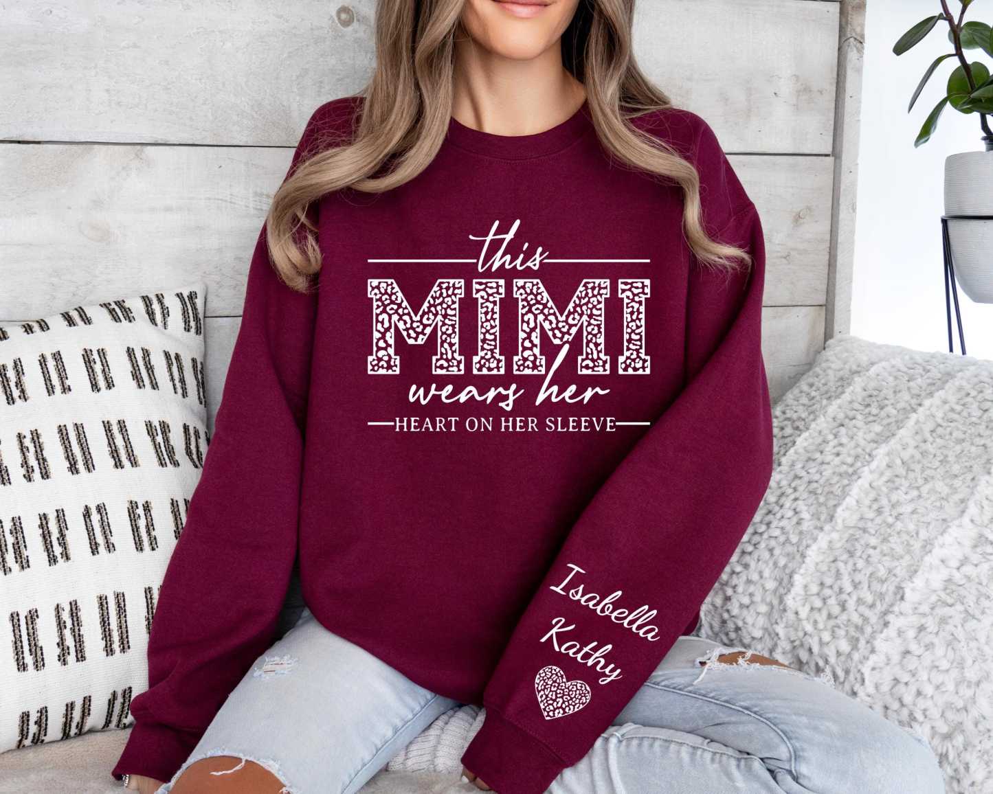 This Mimi Wears Her Heart On Her Sleeve-Custom Sweatshirt With Kids Name