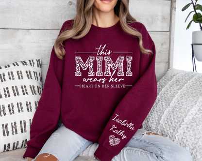 This Mimi Wears Her Heart On Her Sleeve-Custom Sweatshirt With Kids Name