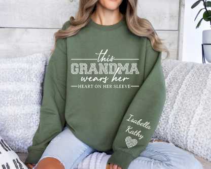 This Grandma Wears Her Heart On Her Sleeve-Custom Sweatshirt With Kids Name