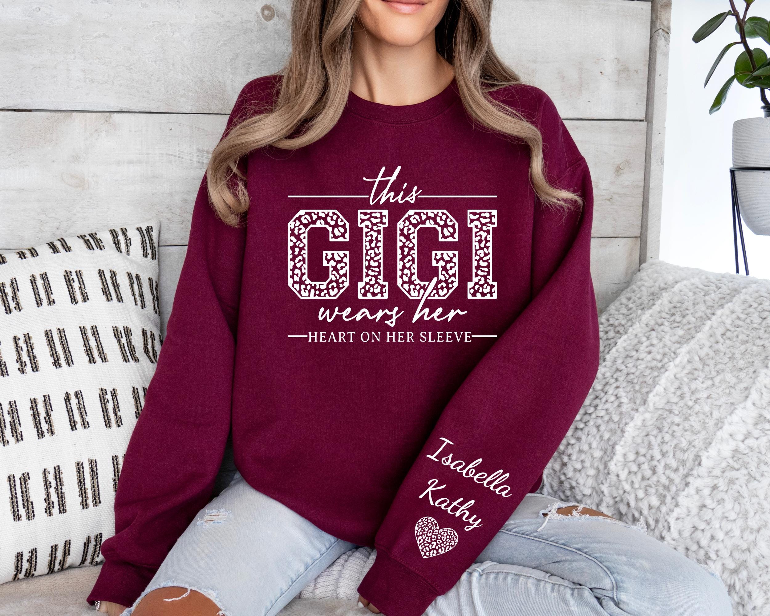 This Gigi Wears Her Heart On Her Sleeve-Custom Sweatshirt With Kids Name
