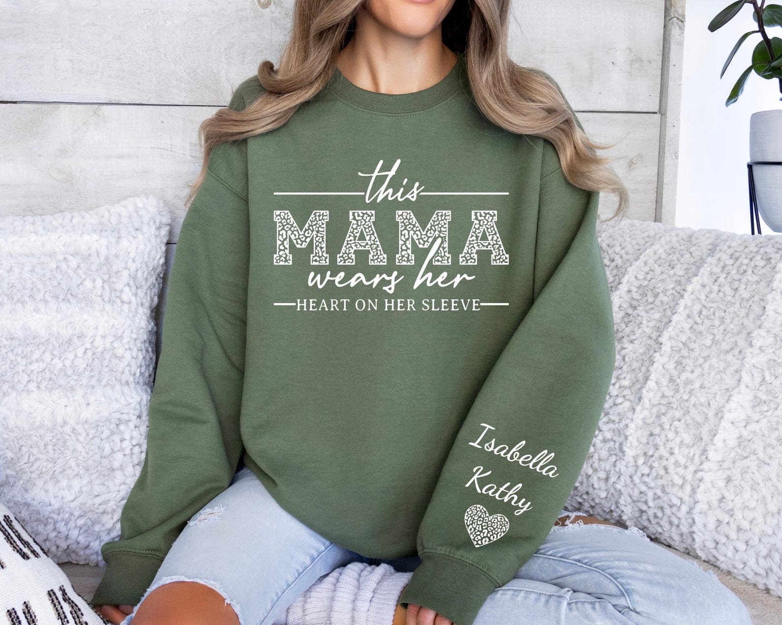 This Mama Wears Her Heart On Her Sleeve-Custom Sweatshirt With Kids Name